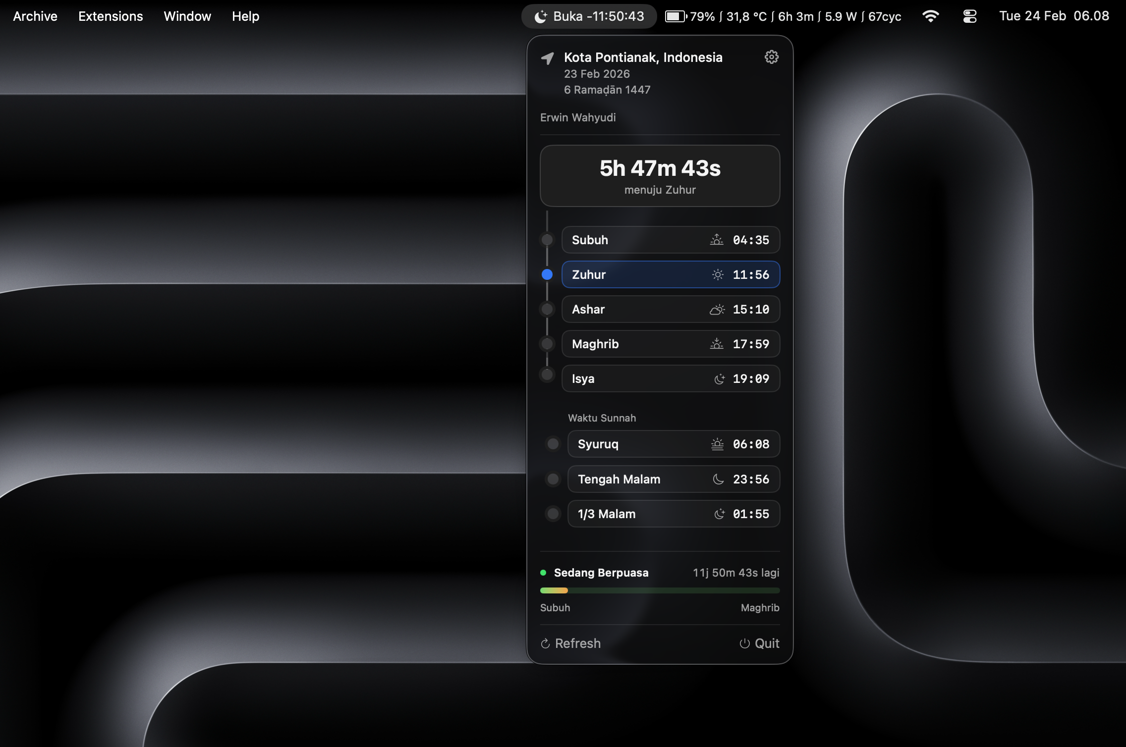 Ramadhan Menu Bar - Jadwal shalat dan hitung mundur puasa di Mac menu bar